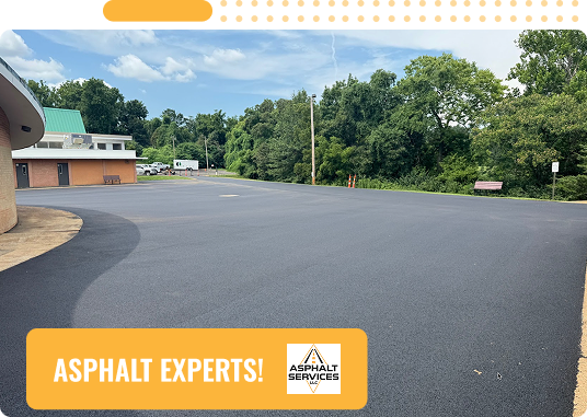 A freshly paved, empty asphalt parking lot beside a building in St Louis, MO, with trees and greenery in the background. Text overlay reads ASPHALT EXPERTS! and features the Asphalt Services logo. Concrete Services available.