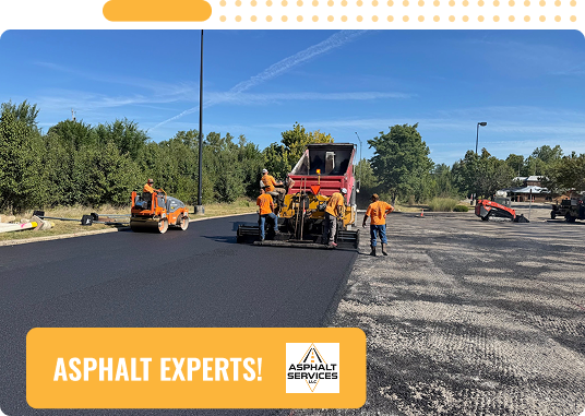 Workers in orange vests operate machinery to pave a parking lot with fresh asphalt under a clear blue sky. Text reads ASPHALT EXPERTS! Asphalt Services—your trusted choice for quality Concrete Services in St Louis MO. Logo in the corner.